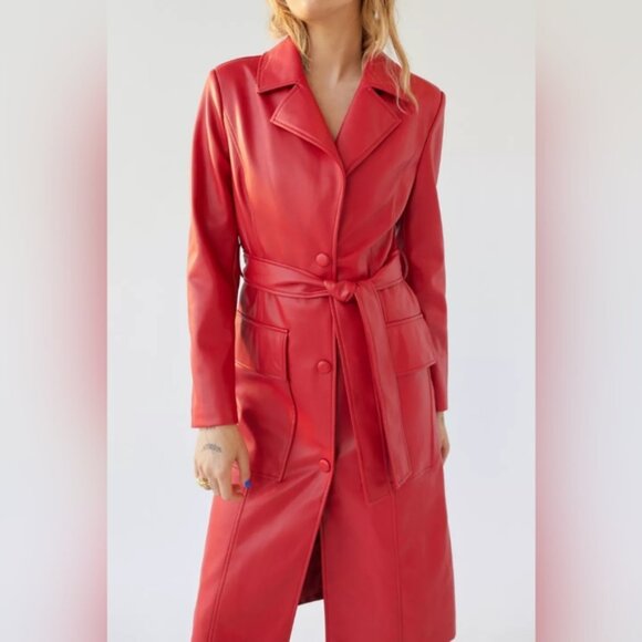 NWOT Urban Outfitters Ryan Faux Leather Trench Coat in Red Size Small - Picture 6 of 11